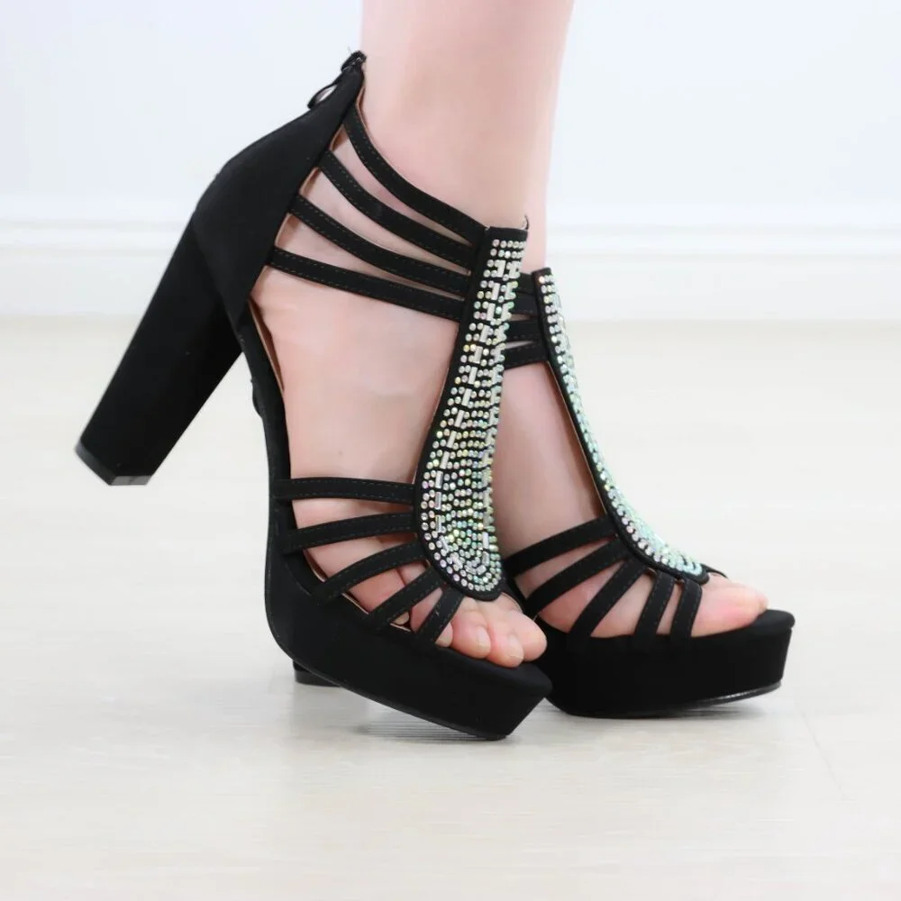 Black Rhinestone T-Strap Platform Sandals Women’s Block Heel Evening Party Shoes - Picture 2 of 15